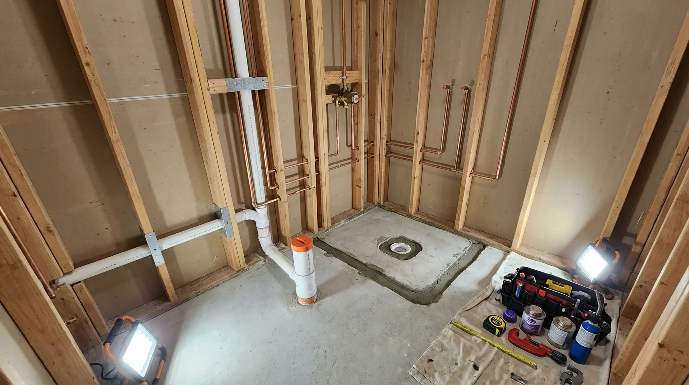 Bathroom rough-in plumbing during remodel by Johns Plumbing LLC in Hazel Green