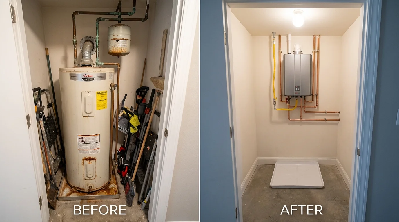 Tank water heater versus wall-mounted tankless unit comparison for Hazel Green, WI homeowners