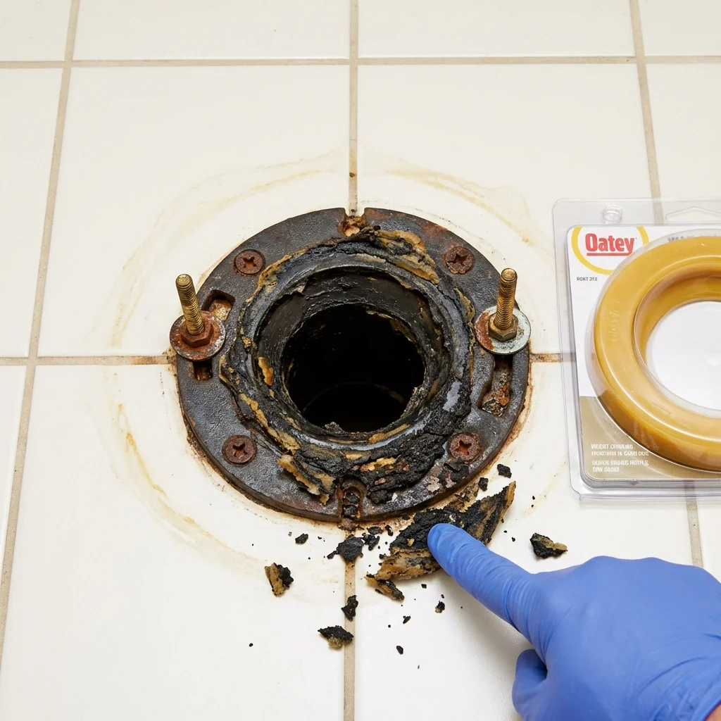 Failed wax ring showing water seepage at the base of a toilet in a Hazel Green, WI home