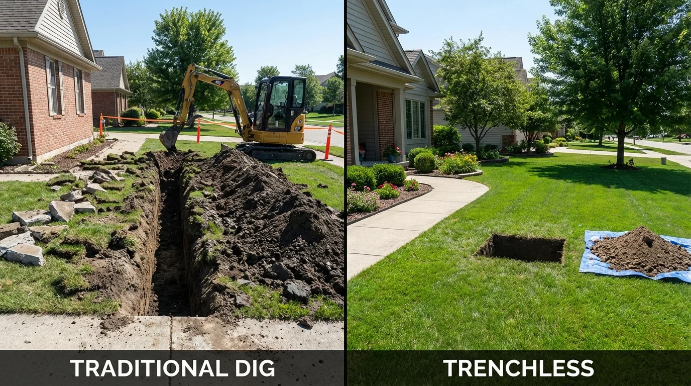 Trenchless sewer repair with minimal yard damage versus traditional excavation in Hazel Green, WI