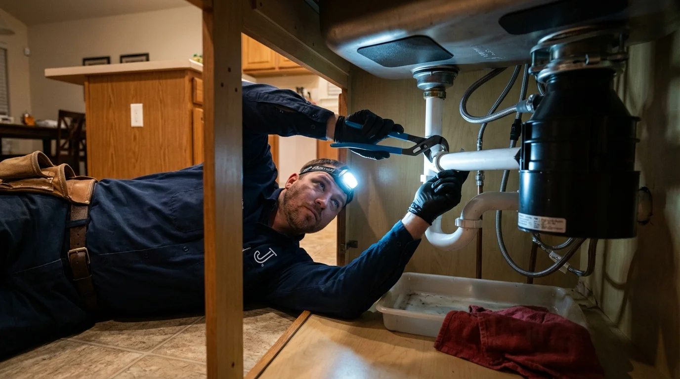 P-trap and supply line connections under a kitchen sink showing a common leak point in Hazel Green, WI